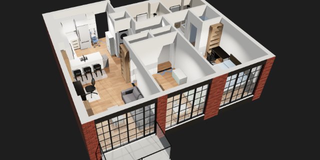 A condo unit seen from above with its ceiling off — kitchen, living area and bedrooms furnished, brick facade and balcony along the front
